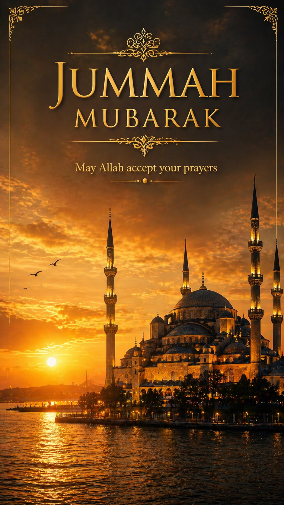 Beautiful mosque at sunset with Jummah Mubarak blessing in English, vertical WhatsApp format